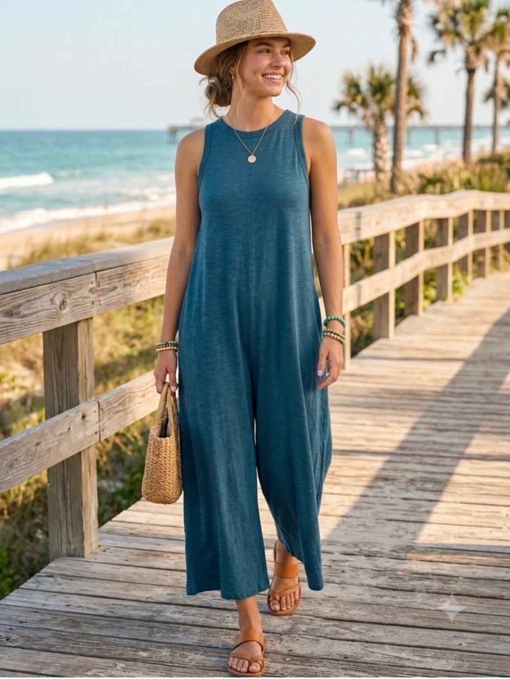 Natural Life Teal Blue Wide Leg Sleeveless Lounge Jumpsuit S/M